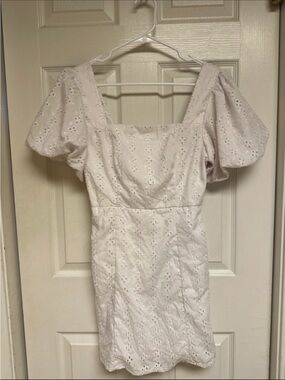 Crystal Doll White Eyelet Puff-Sleeve Square-Neck Mini Dress